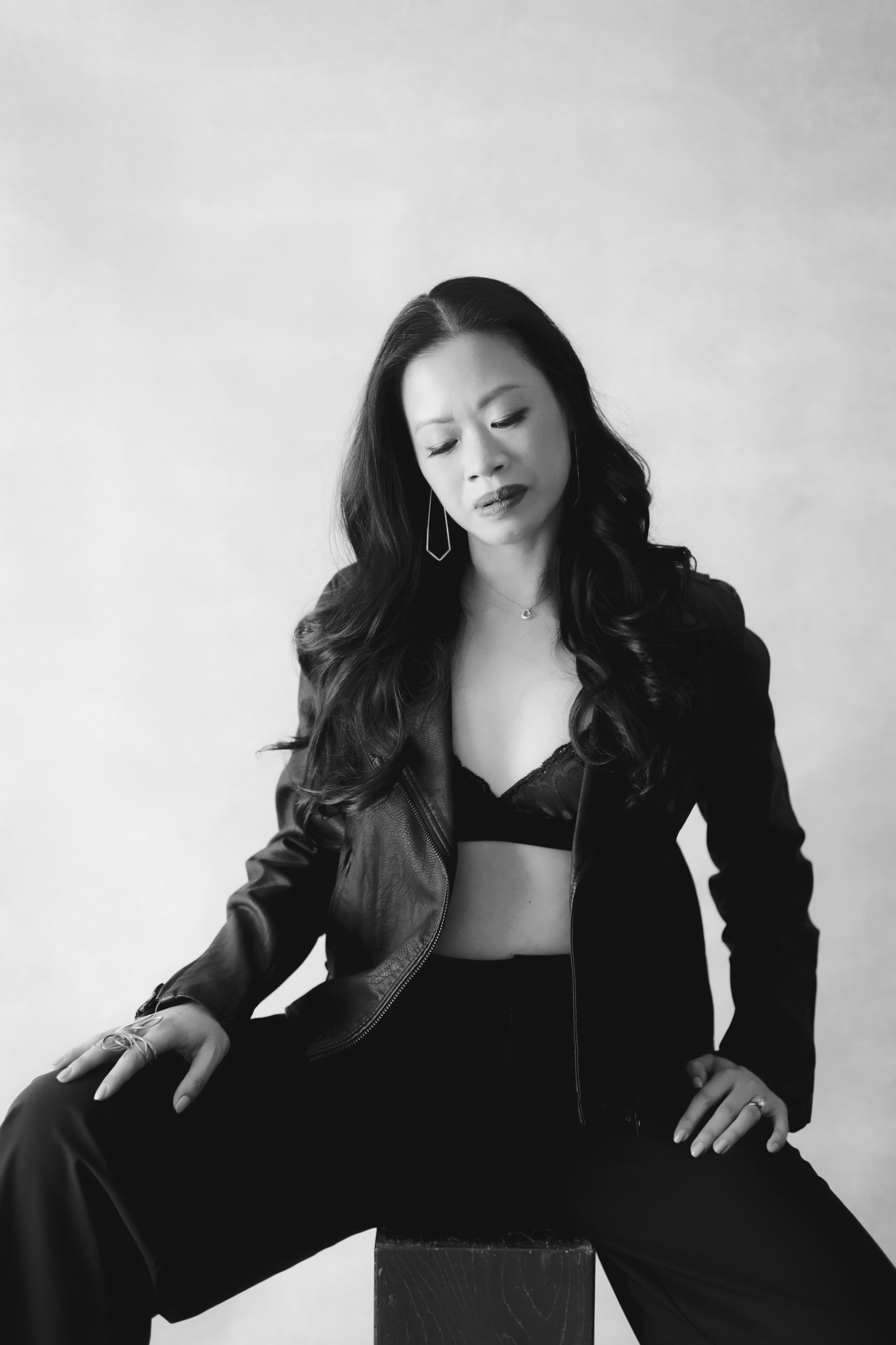 Evelyn Lee, black and white editorial portrait.